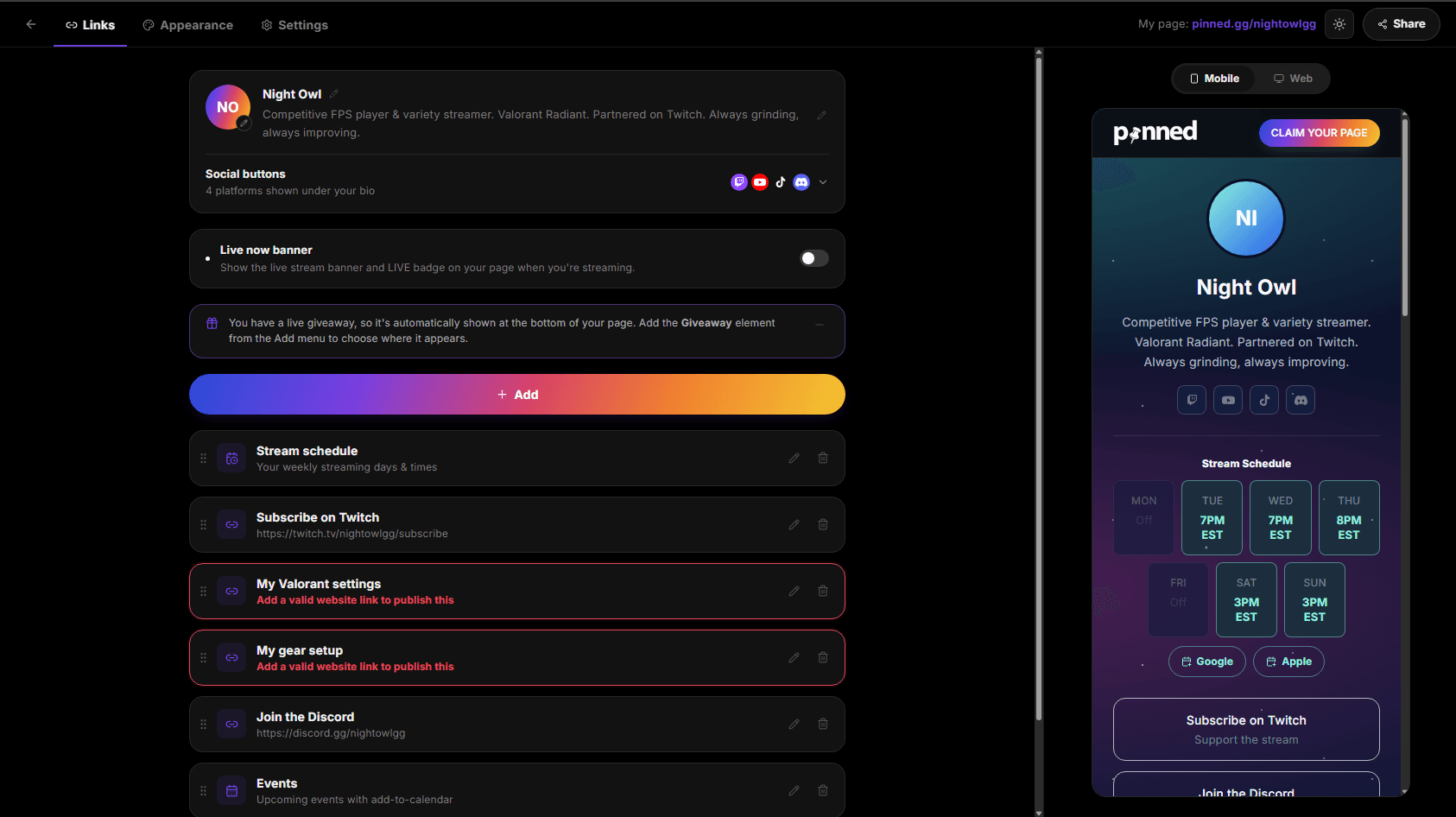 Link in Bio — Pinned dashboard preview